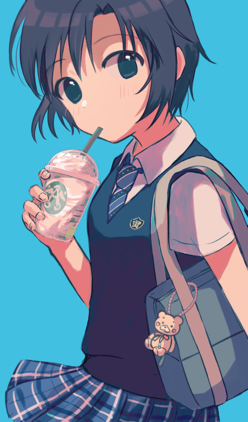 1girl absurdres bag bag_charm bangs black_eyes black_hair black_hairband blue_background blue_neckwear blue_skirt blue_sweater_vest blush breasts charm_(object) commentary cup diagonal_stripes disposable_cup dress_shirt drink drinking drinking_straw frappuccino hairband highres holding holding_drink idolmaster idolmaster_million_live! idolmaster_million_live!_theater_days kikuchi_makoto looking_at_viewer looking_to_the_side miyagi no_pupils plaid plaid_skirt pleated_skirt school_bag school_uniform shirt short_hair short_sleeves simple_background skirt small_breasts solo striped striped_neckwear stuffed_animal stuffed_toy sweater_vest teddy_bear tomboy upper_body white_shirt