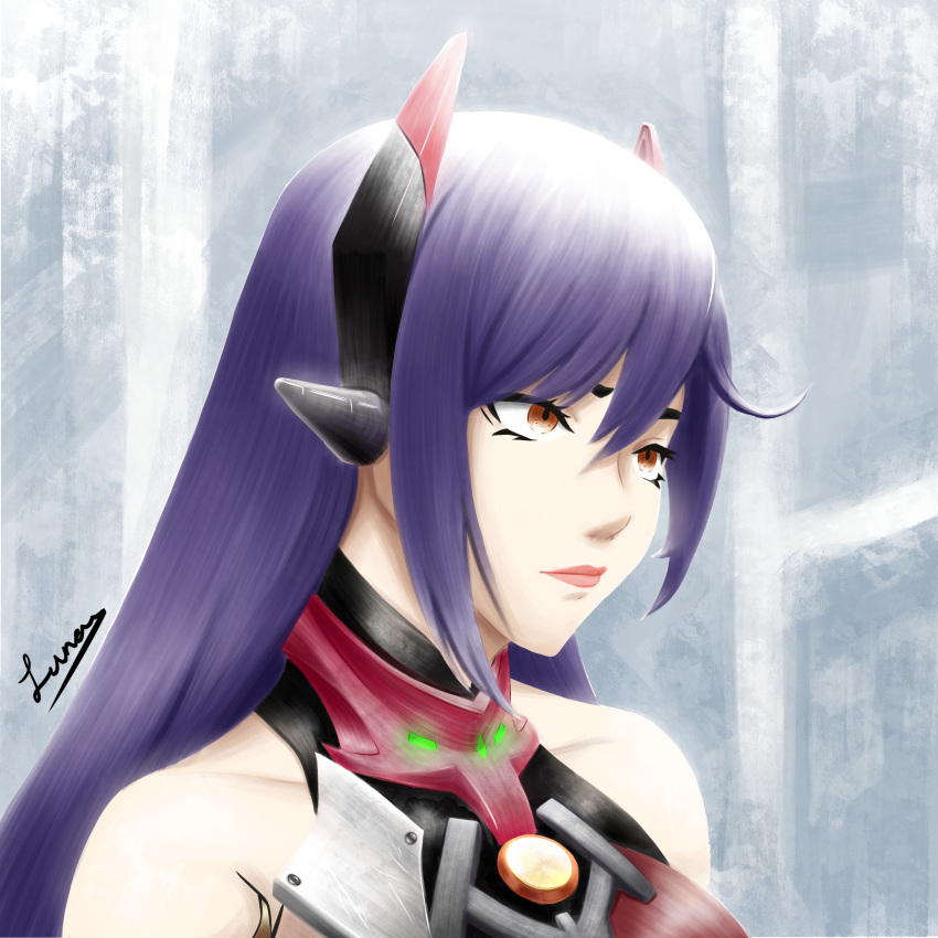 1girl absurdres armor bangs bare_shoulders highres horns lips long_hair md5_mismatch orange_eyes poppi_(xenoblade) poppi_qtpi_(xenoblade) purple_hair robot simple_background xenoblade_chronicles_(series) xenoblade_chronicles_2