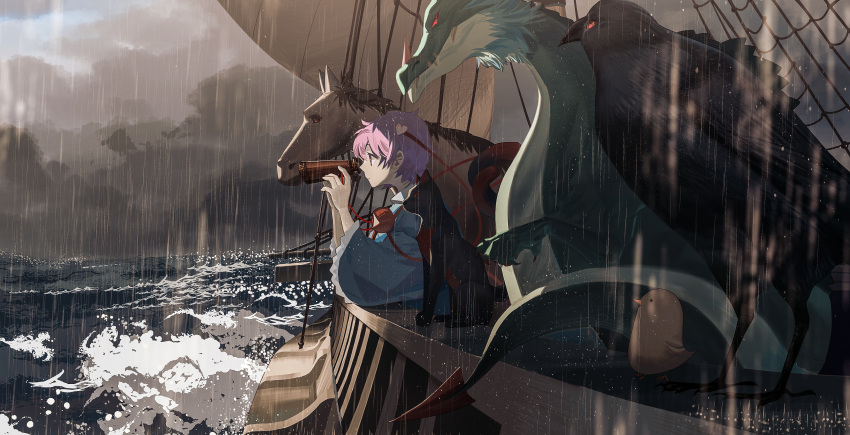 1girl absurdres animal_ears binoculars cat_ears cat_tail clouds cloudy_sky dragon dragon_tail hair_between_eyes highres horse horse_ears kaenbyou_rin kaenbyou_rin_(cat) komeiji_satori long_sleeves multiple_tails nekomata ocean ouka_musci pink_eyes pink_hair rain reiuji_utsuho reiuji_utsuho_(bird) sharp_teeth short_hair sky tail teeth third_eye touhou two_tails watercraft wide_sleeves