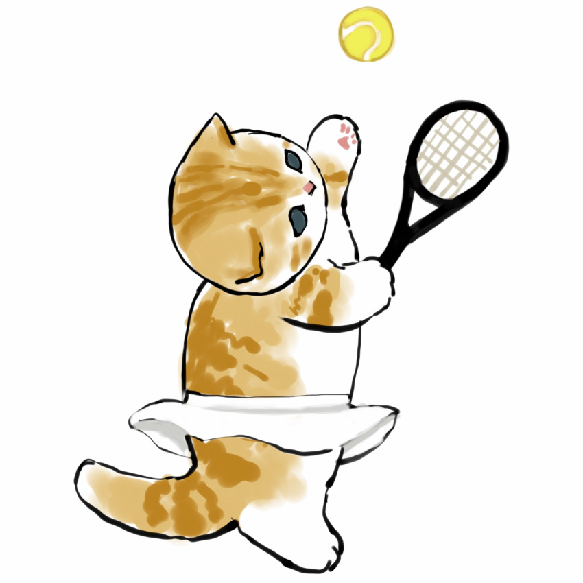 animal animal_hands aqua_eyes ball cat cat_tail highres holding juno_(mofu_sand) kitten original playing playing_sports racket skirt sport tail tennis tennis_ball tennis_racket white_background white_skirt