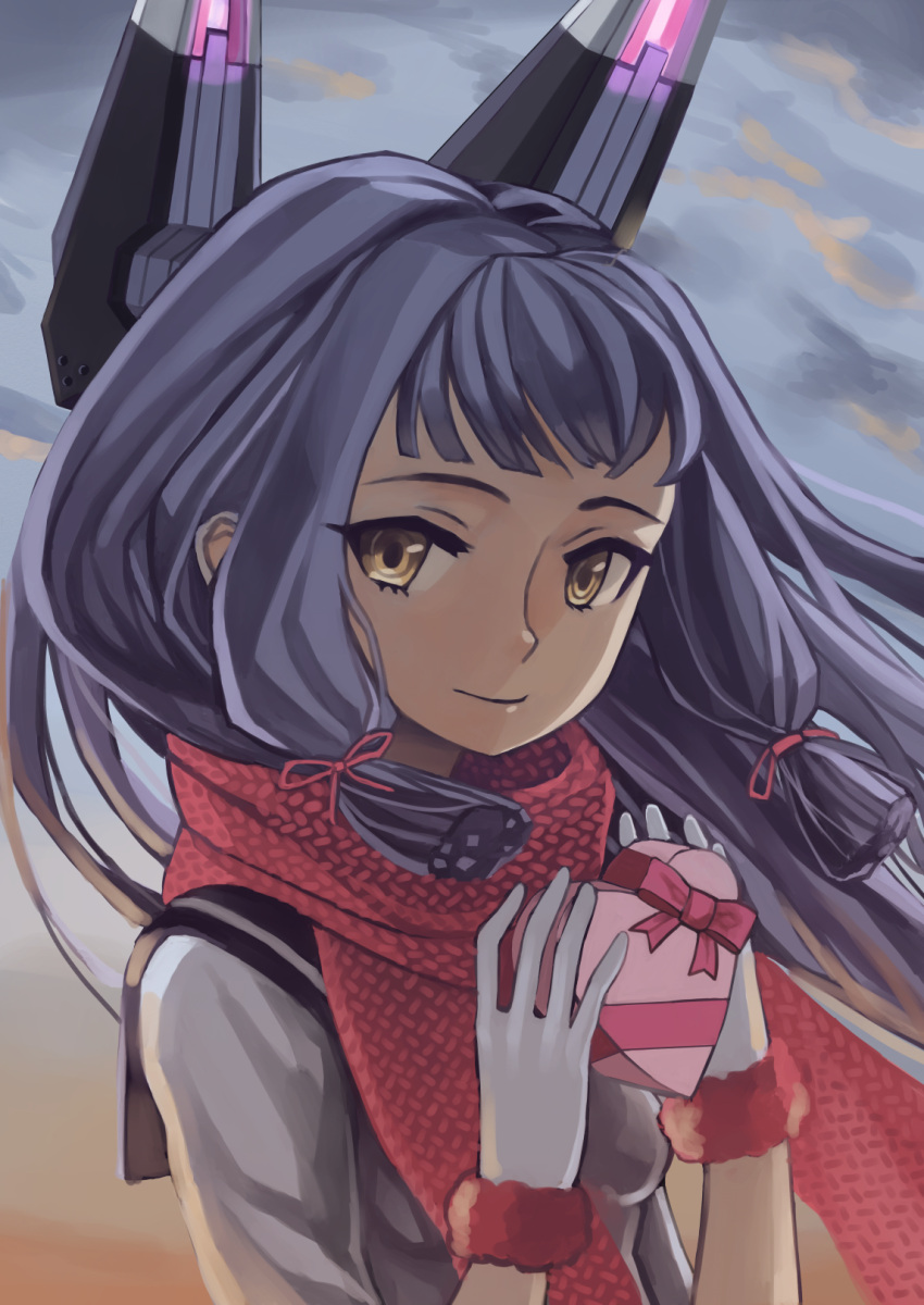 1girl black_sailor_collar blunt_ends box closed_mouth clouds cloudy_sky floating_hair gloves hair_ribbon headgear heart-shaped_box highres holding holding_box kantai_collection long_hair looking_at_viewer luicent murakumo_(kancolle) outdoors purple_hair red_ribbon ribbon sailor_collar school_uniform serafuku shirt sky smile solo tress_ribbon valentine white_gloves white_shirt yellow_eyes