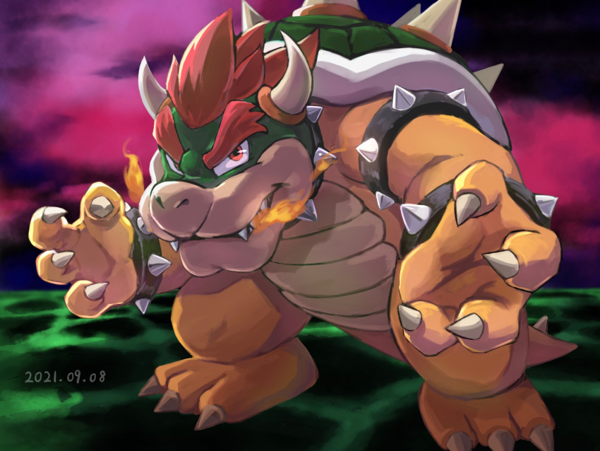 1boy bowser bracelet breathing_fire claws closed_mouth dated fire full_body highres horns jewelry looking_at_viewer male_focus outdoors red_eyes redhead sharp_teeth smile solo spiked_bracelet spiked_shell spikes standing super_mario_64 super_mario_bros. teeth thick_eyebrows ya_mari_6363