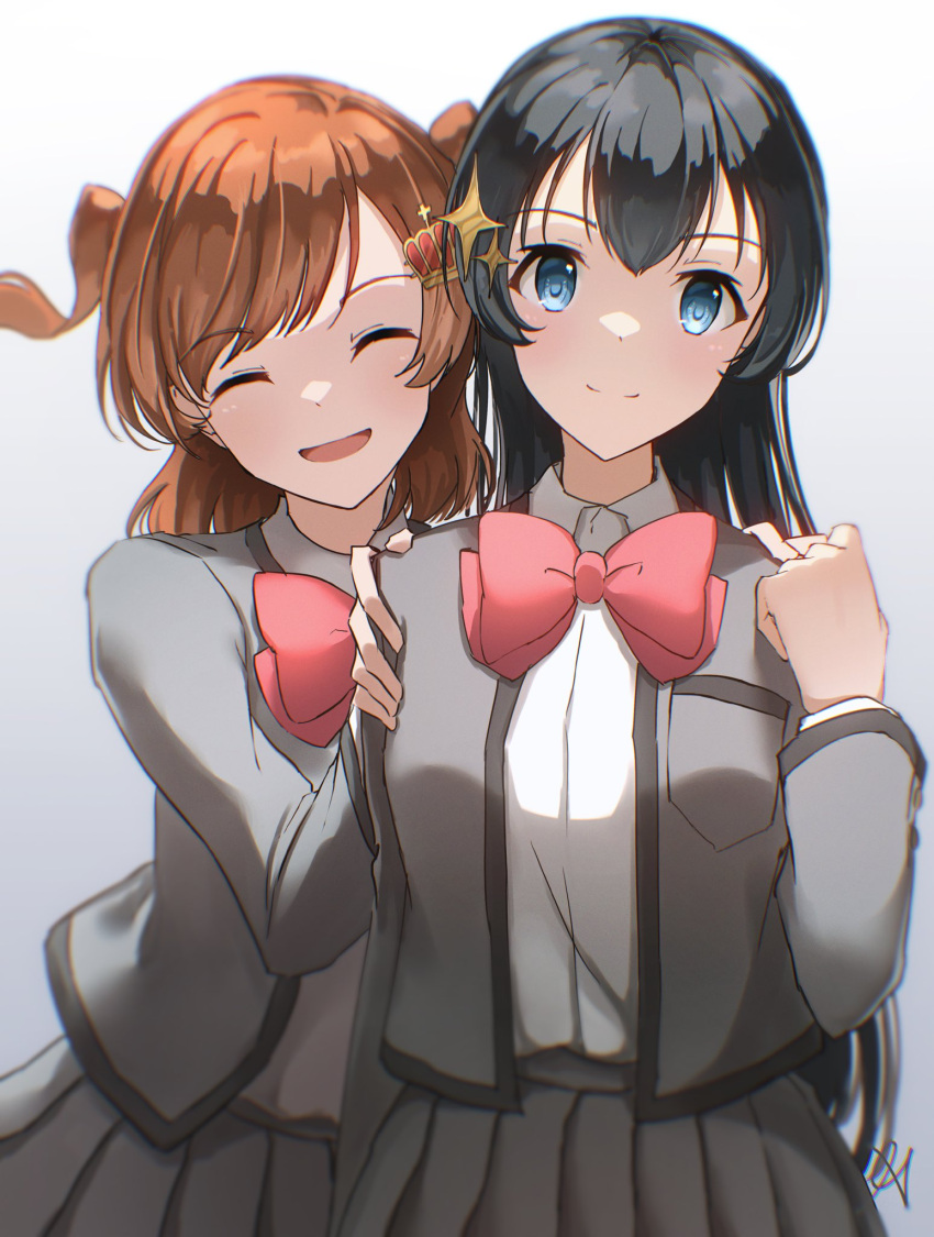 2girls :d ^_^ aijou_karen aoi_hane arm_at_side artist_name bangs behind_another blue_eyes blurry bow bowtie breast_pocket brown_hair closed_eyes closed_mouth collared_shirt commentary_request cowboy_shot crown_hair_ornament depth_of_field eyebrows_visible_through_hair facing_viewer gradient gradient_background grey_background grey_jacket grey_skirt hair_ornament hand_up hands_on_another's_shoulders hands_up highres jacket kagura_hikari light_smile long_hair long_sleeves looking_at_viewer multiple_girls open_clothes open_jacket open_mouth pleated_skirt pocket red_bow red_neckwear school_uniform seishou_music_academy_uniform shirt shirt_tucked_in short_hair shoujo_kageki_revue_starlight signature skirt smile sparkle_hair_ornament split_mouth standing swept_bangs two_side_up very_long_hair white_background white_shirt
