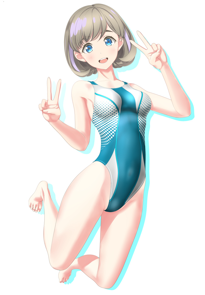 1girl absurdres aqua_swimsuit bangs barefoot blue_eyes breasts collarbone competition_swimsuit covered_navel double_v full_body grey_hair highres jumping looking_at_viewer love_live! love_live!_superstar!! medium_breasts one-piece_swimsuit open_mouth parted_bangs round_teeth short_hair simple_background solo swimsuit takafumi tang_keke teeth upper_teeth v white_background