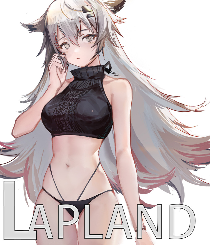 1girl alternate_costume animal_ears arknights bangs bare_arms bare_shoulders breasts character_name commentary cowboy_shot crop_top grey_eyes hair_between_eyes hair_ornament hairclip hand_up highres lappland_(arknights) large_breasts long_hair looking_at_viewer midriff navel no_pants silver_hair simple_background sleeveless solo standing stomach thighs turtleneck very_long_hair white_background wolf_ears x_nuan