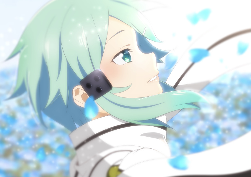 1girl blue_eyes blue_hair blurry blurry_background floating_hair from_side grin hair_ornament hairclip highres petals portrait profile scarf shiny shiny_hair short_hair_with_long_locks sidelocks sinon smile solo sword_art_online white_scarf yaato_(yamato99725444)