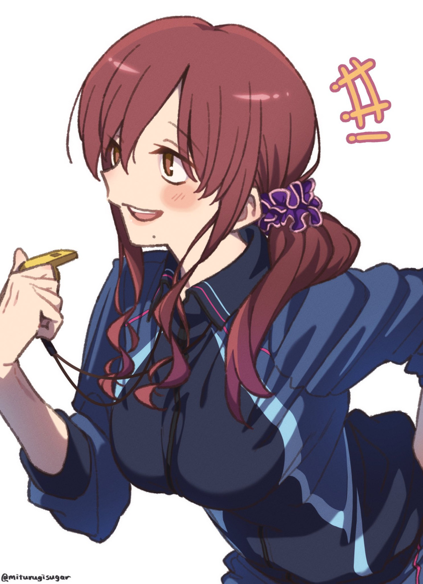 +++ 1girl :d bangs blue_jacket blush breasts brown_eyes brown_hair from_side hair_ornament hair_over_shoulder hair_scrunchie hand_on_hip highres holding holding_whistle jacket large_breasts leaning_forward long_sleeves looking_ahead low_ponytail medium_hair mitsurugi_sugar mole mole_under_mouth no_pupils noel_(tsukihime) open_mouth scrunchie sidelocks simple_background sleeves_pushed_up smile solo sportswear standing swept_bangs teacher track_jacket track_suit tsukihime tsukihime_(remake) twitter_username upper_body upper_teeth upturned_eyes whistle whistle_around_neck white_background wing_collar
