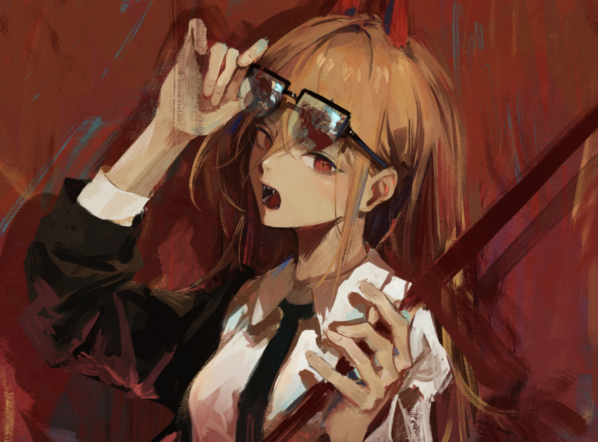 +_+ 1girl 7ife adjusting_eyewear black_jacket black_neckwear blonde_hair chainsaw_man collared_shirt commentary demon_horns english_commentary fangs formal highres horns jacket long_hair looking_at_viewer necktie open_mouth power_(chainsaw_man) red_background red_eyes red_horns shirt solo suit suit_jacket sunglasses symbol-shaped_pupils tongue upper_body white_shirt