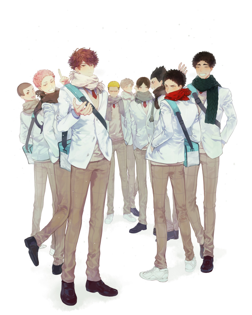 6+boys absurdres bag black_hair blonde_hair brown_hair full_body grin haikyuu!! hanamaki_takahiro highres iwaizumi_hajime jacket kindaichi_yuutarou kunimi_akira kyoutani_kentarou looking_at_another looking_at_viewer male_focus matsukawa_issei mgmg_1012 multiple_boys oikawa_tooru_(haikyuu!!) one_eye_closed pants plaid plaid_pants scarf shoes short_hair smile sweater_vest teeth watari_shinji_(haikyuu!!) winter yahaba_shigeru