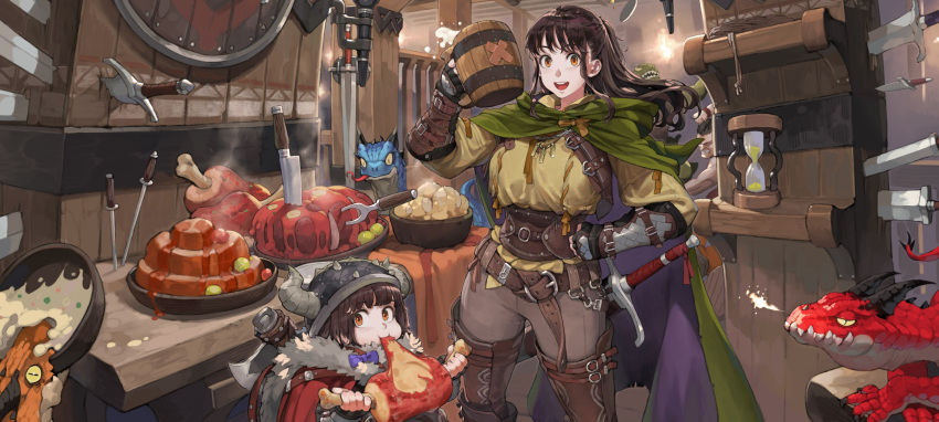 2girls age_difference bangs boned_meat brown_eyes cape cracked_wall cup dragon eating fake_horns feet_out_of_frame food fur_trim green_cape grey_pants height_difference helmet highres holding holding_cup holding_food horned_helmet horns hourglass indoors jun_(seojh1029) knife looking_at_viewer meat multiple_girls open_mouth original pants plate smile steam sword weapon