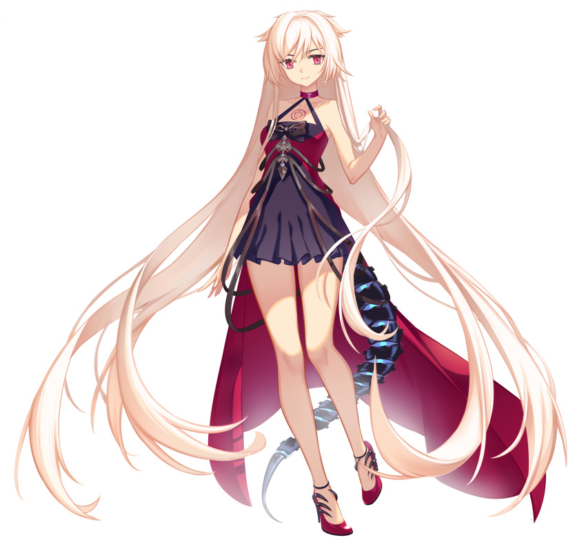 1girl absurdly_long_hair absurdres azur_lane choker dress evening_gown halter_dress halterneck highres holding holding_hair light_brown_hair long_dress long_hair mechanical_tail montpelier_(azur_lane) montpelier_(persephone's_throne)_(azur_lane) official_alternate_costume purple_dress qiao_gongzi red_choker red_dress red_footwear shoes simple_background sleeveless sleeveless_dress solo tail two-tone_dress very_long_hair violet_eyes white_background