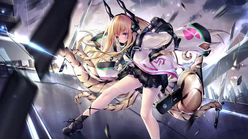 1girl animal_hands bangs bare_legs black_footwear black_skirt blonde_hair blush boots breasts claws commentary dk.senie dutch_angle eyebrows_visible_through_hair floating_hair foot_out_of_frame high_heel_boots high_heels highres holding holding_sword holding_weapon jacket leaning_forward long_hair long_sleeves looking_at_viewer medium_breasts miniskirt monster_girl original parted_lips skirt solo sword symbol-only_commentary tentacles very_long_hair violet_eyes weapon white_jacket