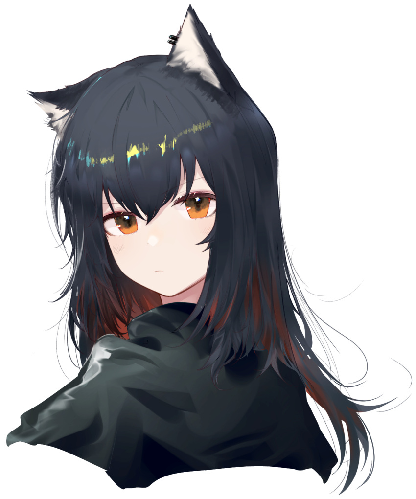 1girl animal_ears arknights bangs black_capelet black_hair brown_eyes capelet closed_mouth commentary_request cropped_torso ear_piercing highres korean_commentary long_hair looking_at_viewer piercing runamonet solo texas_(arknights) upper_body wolf_ears wolf_girl