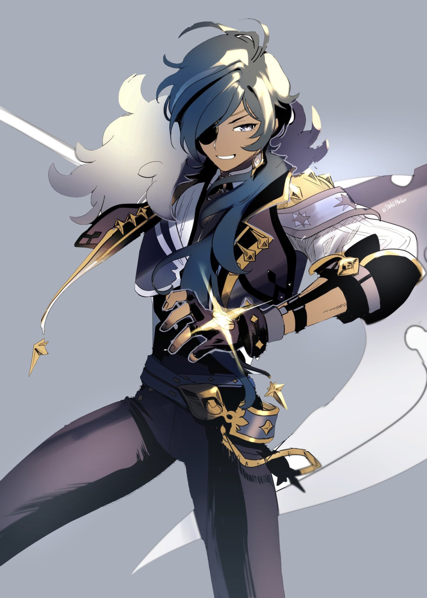 1boy ahoge belt black_gloves black_pants blue_background blue_belt blue_cape blue_eyes blue_hair blue_vest cape cutout_gloves dark_skin earrings eyepatch fingerless_gloves fur-trimmed_cape fur_trim genshin_impact gloves grin hair_over_one_eye highres holding holding_sword holding_weapon jewelry kaeya_(genshin_impact) long_hair looking_to_the_side low_ponytail male_focus pants sabi11riw shirt single_earring smile solo sword vest weapon white_shirt