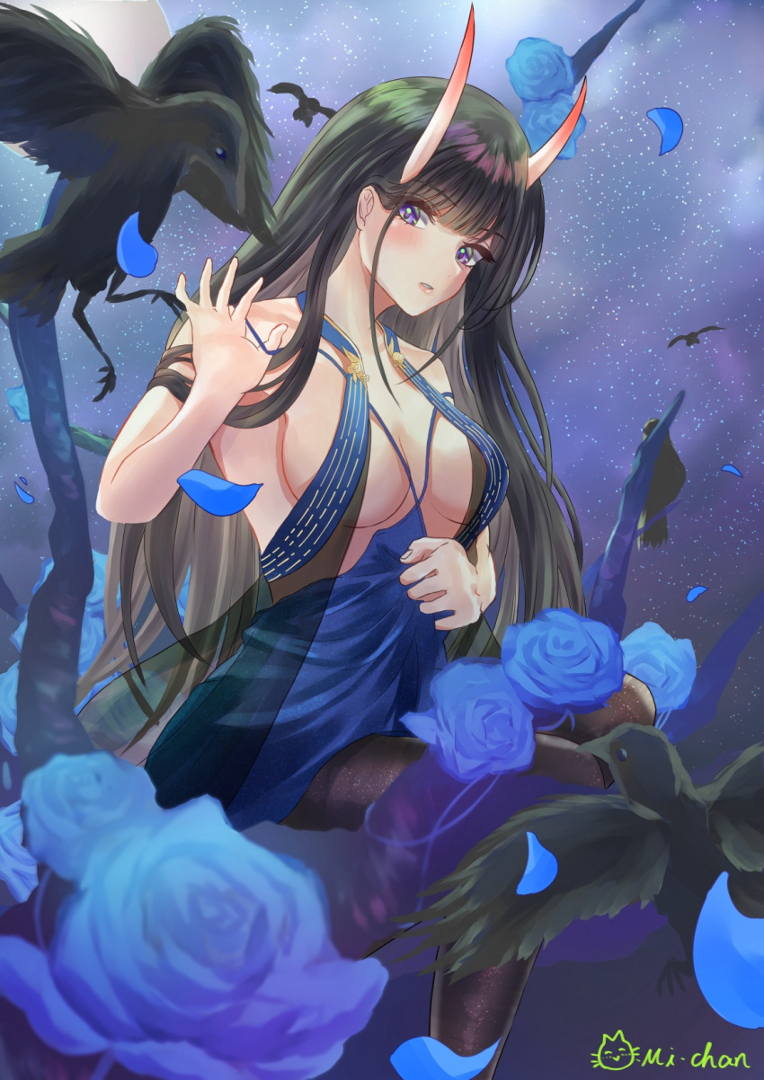 1girl artist_name azur_lane bare_shoulders bird black_cardigan black_hair blue_flower blue_rose breasts cardigan center_opening cocktail_dress crow dress evening_gown flower halter_dress halterneck highres long_hair looking_at_viewer medium_breasts michan127neko moon night night_sky noshiro_(azur_lane) noshiro_(the_gala's_sanctuary)_(azur_lane) official_alternate_costume petals raven_(animal) rose see-through sky sleeveless sleeveless_dress solo star_(sky) starry_sky violet_eyes