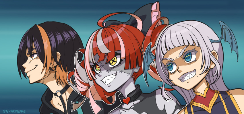 aqua_eyes ashieda_lenri black_hair bow choker colored_skin commentary double_bun english_commentary getter_robo green_eyes grey_skin grin hair_bow head_wings heterochromia highres hololive hololive_indonesia indie_virtual_youtuber kureiji_ollie mismatched_pupils mole mole_under_mouth multicolored multicolored_eyes multicolored_hair nyaring943 o-ring o-ring_choker orange_eyes orange_hair parody patchwork_skin pochimaru_(vtuber) red_eyes redhead sharp_teeth silver_hair smile stitched_face streaked_hair teeth twitter_username two-tone_hair v-shaped_eyebrows virtual_youtuber yellow_eyes zombie