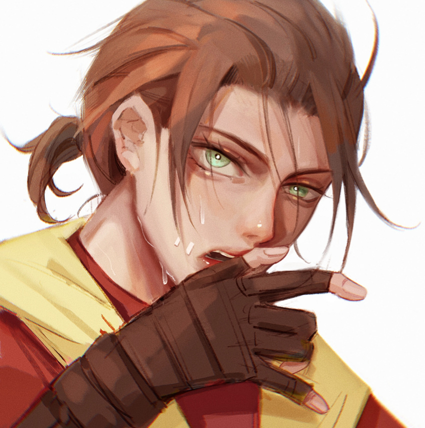 1boy bandaged_arm bandages brown_hair gh484 green_eyes highres identity_v naib_subedar ponytail realistic short_hair solo stitched_mouth stitches sweatdrop white_background