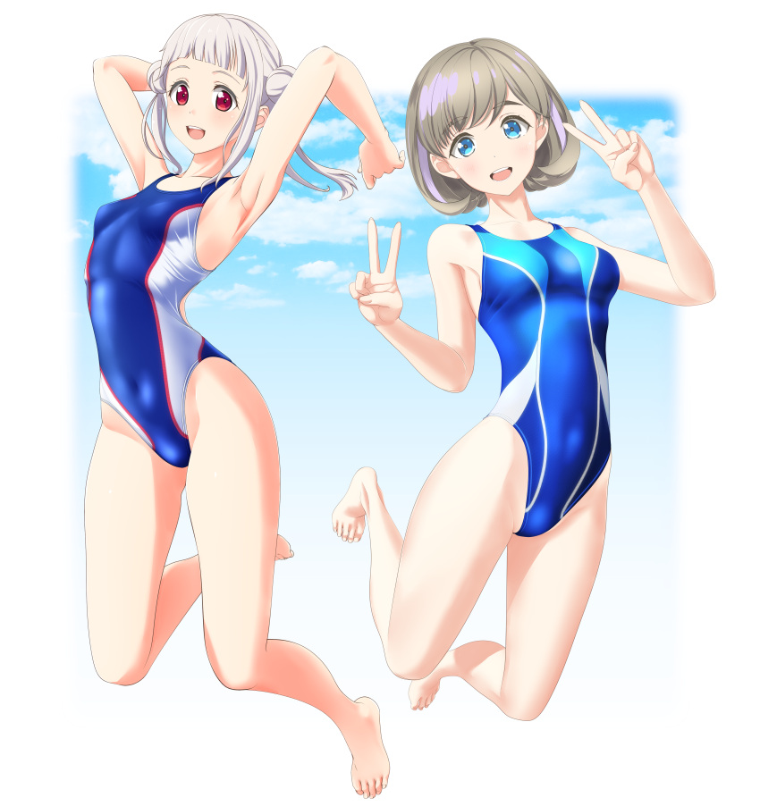 2girls absurdres arashi_chisato bangs barefoot blue_eyes blue_sky blue_swimsuit blunt_bangs breasts clothes_writing clouds collarbone competition_swimsuit covered_navel double_bun double_v full_body grey_hair highres jumping long_hair looking_at_viewer love_live! love_live!_superstar!! medium_breasts multicolored multicolored_clothes multicolored_swimsuit multiple_girls one-piece_swimsuit open_mouth parted_bangs red_eyes round_teeth short_hair simple_background single_sidelock sky small_breasts smile solo swimsuit takafumi tang_keke teeth twintails upper_teeth v white_background white_hair