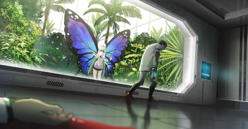 1boy 1girl arthropod_girl black_shorts blood blue_butterfly blurry blurry_foreground bug butterfly butterfly_wings commentary extra_arms footprints gradient_hair hand_on_glass hand_on_own_arm hands highres hirokima indoors long_sleeves multicolored_hair original plant shirt shorts standing tile_floor tiles white_shirt window wings