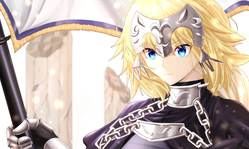 1girl armor armored_dress bangs blonde_hair blue_eyes breasts chain collar dress fate/apocrypha fate_(series) faulds flag gauntlets headpiece highres ilsa34660285 jeanne_d'arc_(fate) jeanne_d'arc_(fate)_(all) large_breasts long_hair looking_at_viewer metal_collar plackart purple_dress solo very_long_hair