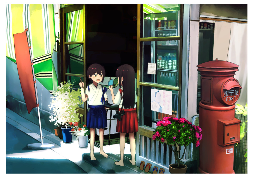 2girls akagi_(kancolle) arm_at_side bangs blue_hakama blue_ribbon border camellia commentary_request curtains facing_viewer flag flower flower_pot food freezer from_behind geta hair_down hakama hakama_skirt highres holding holding_food japanese_clothes kaga_(kancolle) kantai_collection leaf light_blush long_hair looking_at_another multiple_girls no_shoes open_mouth pole popsicle_stick postbox_(outgoing_mail) red_hakama red_ribbon refrigerator reppuu_(kancolle) ribbon shop side_ponytail sidelocks skirt talking timmyyen yellow_eyes younger