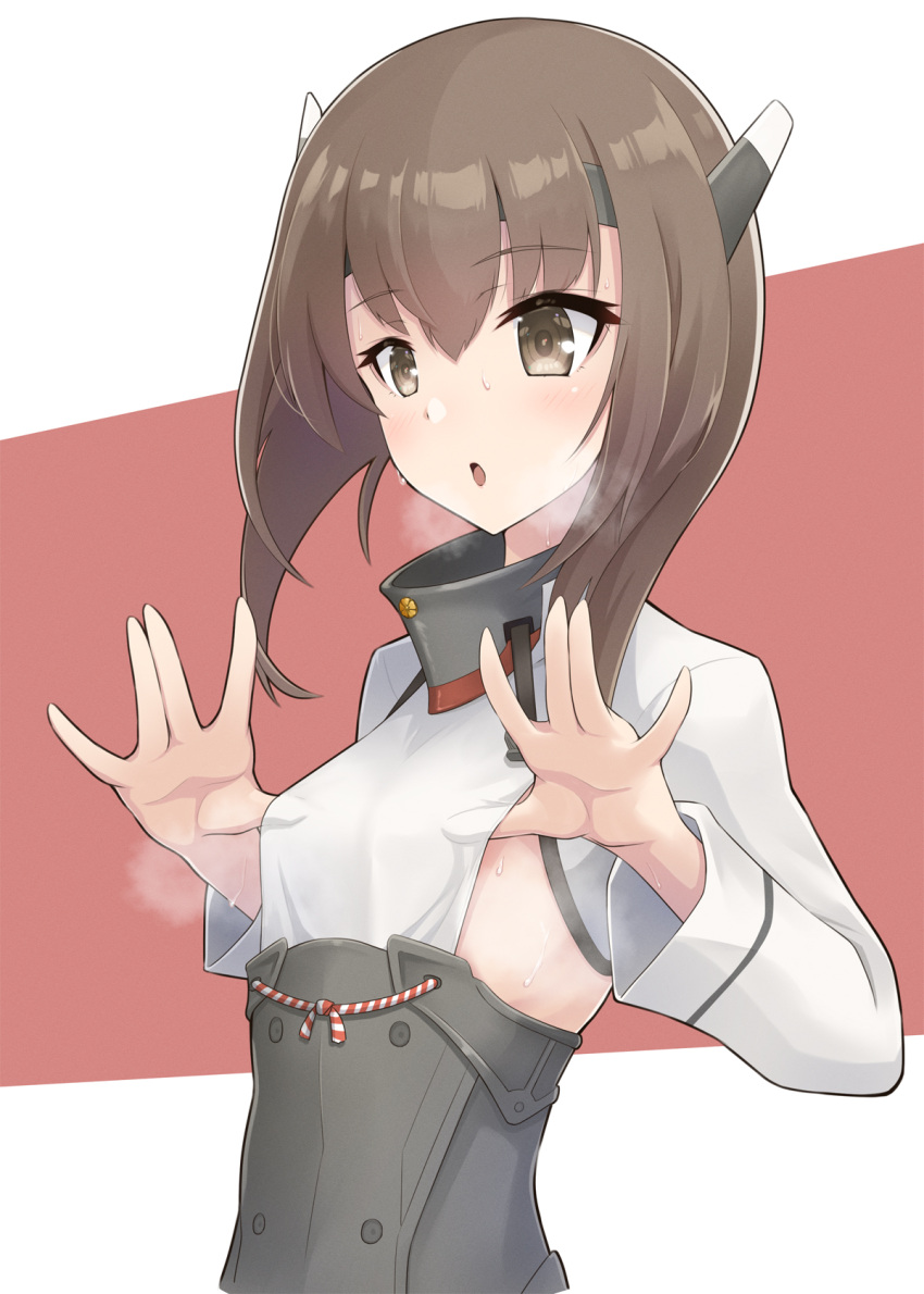 1girl blush brown_eyes brown_hair eyebrows_visible_through_hair hair_between_eyes headband headgear highres kantai_collection kodama_(mmt_uf) long_sleeves parted_lips red_background short_hair solo sweat taihou_(kancolle) two-tone_background upper_body white_background