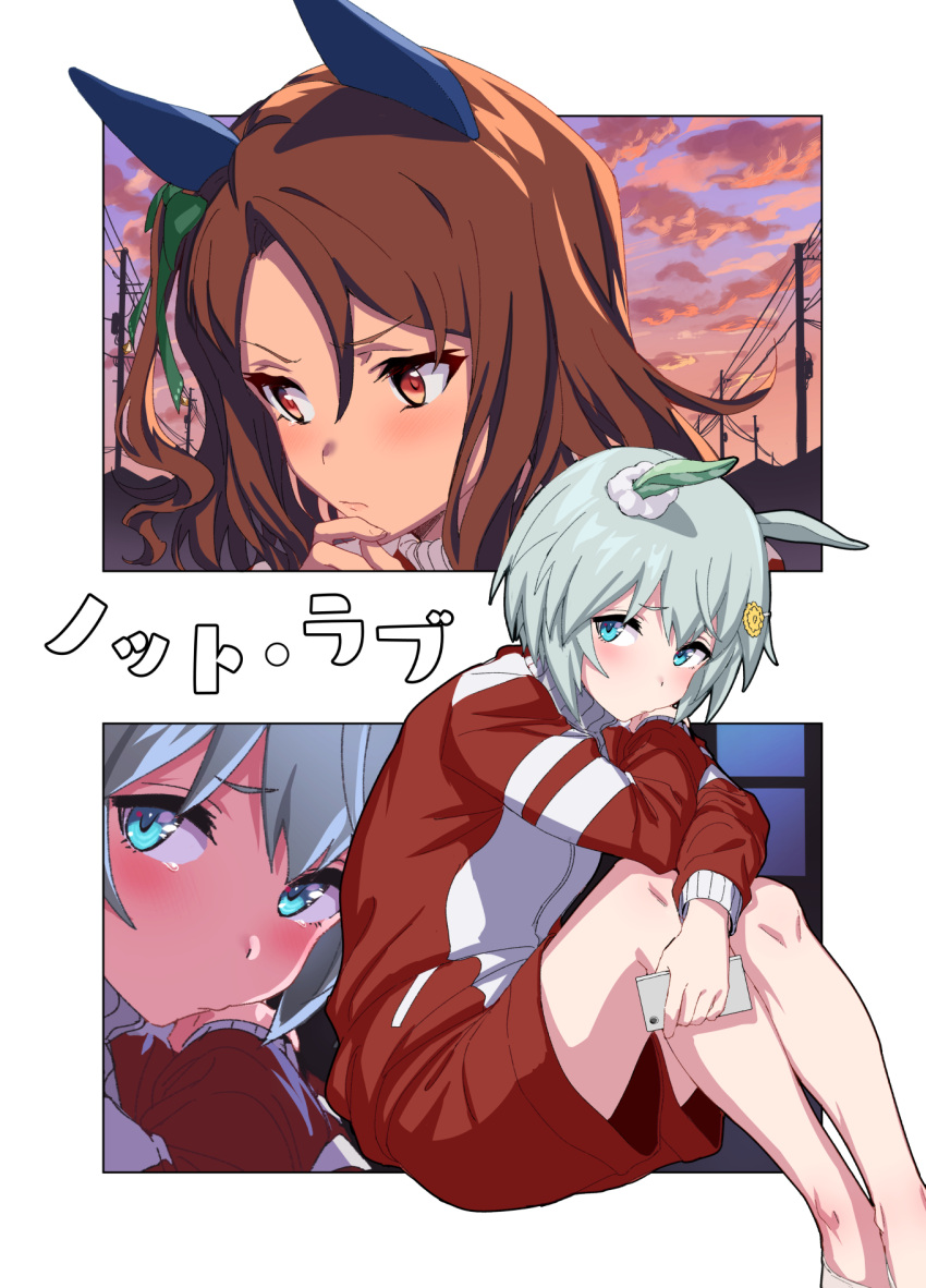 2girls animal_ears blue_eyes blush bow brown_eyes brown_hair cellphone character_request closed_mouth commentary_request ear_covers green_bow grey_hair hair_between_eyes hair_bow hair_ornament highres holding holding_phone horse_ears jacket long_sleeves looking_at_viewer multiple_girls one_side_up phone power_lines red_jacket red_shorts short_hair short_shorts shorts sitting smartphone track_suit ulrich_(tagaragakuin) umamusume utility_pole zoom_layer