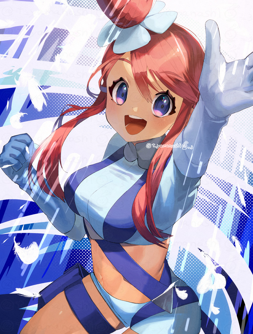 1girl :d arm_up blue_eyes blue_gloves blue_jacket blue_shorts blush breasts clenched_hand commentary_request cropped_jacket eyelashes gloves hair_ornament hand_up highres jacket looking_at_viewer midriff navel one_side_up open_mouth pokemon pokemon_(game) pokemon_bw redhead short_hair_with_long_locks short_shorts shorts sidelocks skyla_(pokemon) smile solo teeth thigh_pouch tied_hair tongue turtleneck yamanashi_taiki