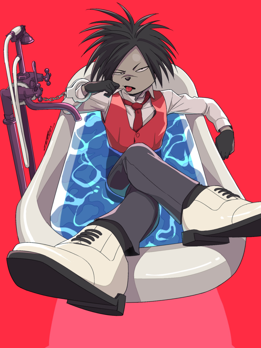 1boy absurdres bathtub black_pants clothed_bath commentary crossed_legs cuffs enkadesukedo furry handcuffs highres long_sleeves messy_hair odd_taxi pants red_background red_neckwear red_vest simple_background sink tongue vest water white_footwear yano_(odd_taxi)