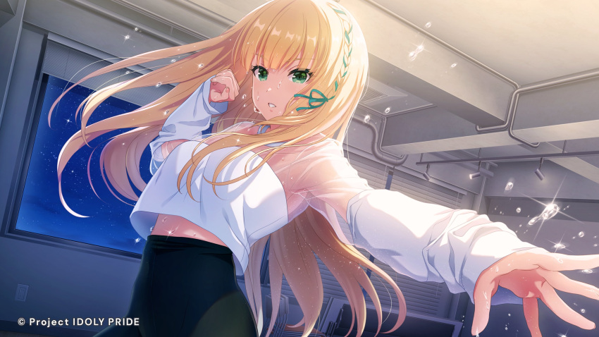1girl bangs blonde_hair braid cygames electric_socket flying_sweatdrops glint green_eyes hair_ribbon highres ichinose_rei idoly_pride indoors lights long_sleeves midriff_peek night official_art open_mouth outstretched_arm ribbon room see-through see-through_sleeves sweat sweating_profusely teeth wet window