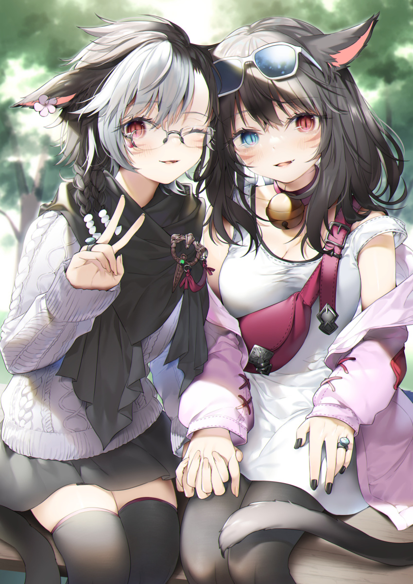 2girls animal_ears bangs bell black_hair black_legwear blush breasts cat_ears cat_tail dress eyebrows_visible_through_hair eyewear_on_head facial_mark final_fantasy final_fantasy_xiv glasses heterochromia highres holding_hands jacket jewelry looking_at_viewer medium_breasts medium_hair miqo'te multicolored_hair multiple_girls nail_polish neck_bell off_shoulder one_eye_closed open_clothes open_jacket outdoors red_eyes rimless_eyewear ring scarf short_hair sitting skirt sunglasses sweater tail thigh-highs two-tone_hair v whisker_markings yana_mori