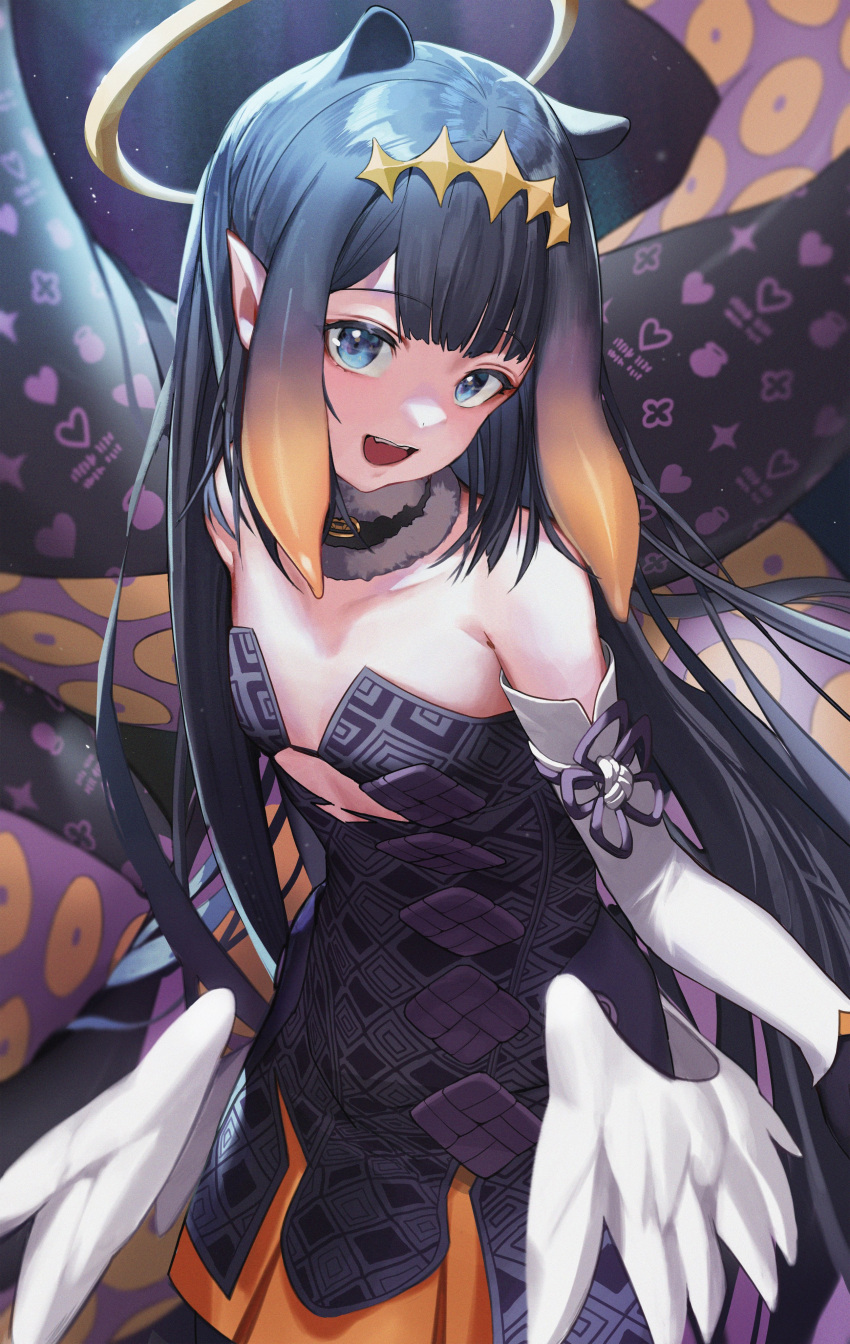 1girl :d absurdres bangs bare_shoulders black_dress black_hair blue_eyes commentary cowboy_shot detached_sleeves dress eyebrows_visible_through_hair flat_chest fur-trimmed_collar gradient_hair halo highres hololive hololive_english long_hair long_sleeves looking_at_viewer low_wings multicolored_hair ninomae_ina'nis open_mouth orange_hair pointy_ears smile solo standing tentacles tiara very_long_hair virtual_youtuber white_wings wings yo_owl