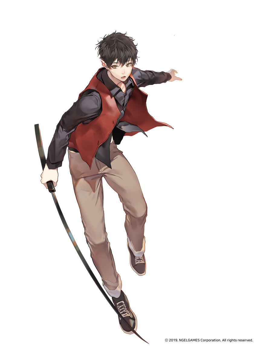 1boy absurdres black_footwear black_hair black_shirt brown_eyes brown_pants highres holding holding_sword holding_weapon leenim lord_of_dice lower_teeth male_focus official_art open_clothes open_mouth open_vest pants red_vest shirt shoes short_hair solo sword tower_of_god twenty-fifth_bam vest weapon white_background