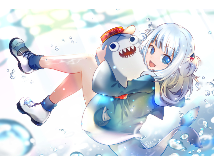 1girl aa2233a bangs bloop_(gawr_gura) blue_eyes blue_hair blue_hoodie blue_legwear fish_tail gawr_gura hair_ornament holding holding_stuffed_toy hololive hololive_english hood hoodie letterboxed long_sleeves looking_at_viewer multicolored_hair open_mouth sharp_teeth shoes signature smile sneakers socks solo streaked_hair stuffed_toy tail teeth virtual_youtuber white_footwear wide_sleeves