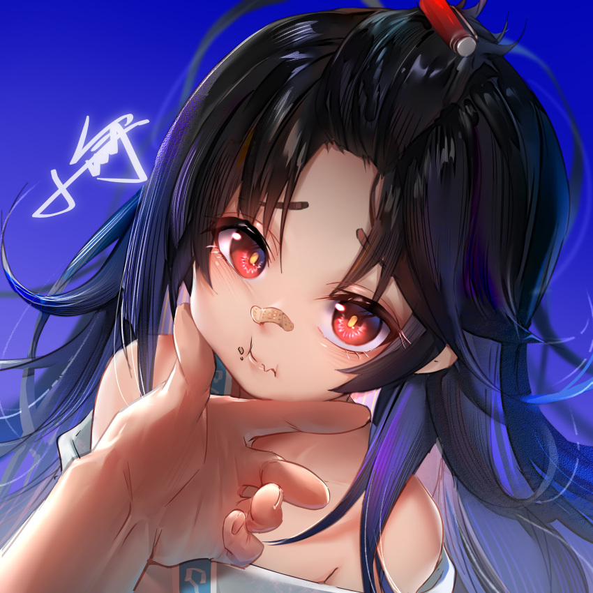 1boy 1girl absurdres bandaid bandaid_on_nose bangs_pinned_back bare_shoulders black_hair blue_background c-ms_(girls'_frontline) closed_mouth eating food food_on_face girls_frontline highres long_hair looking_at_viewer red_eyes simple_background solo_focus upper_body xiaoyu yellow_pupils
