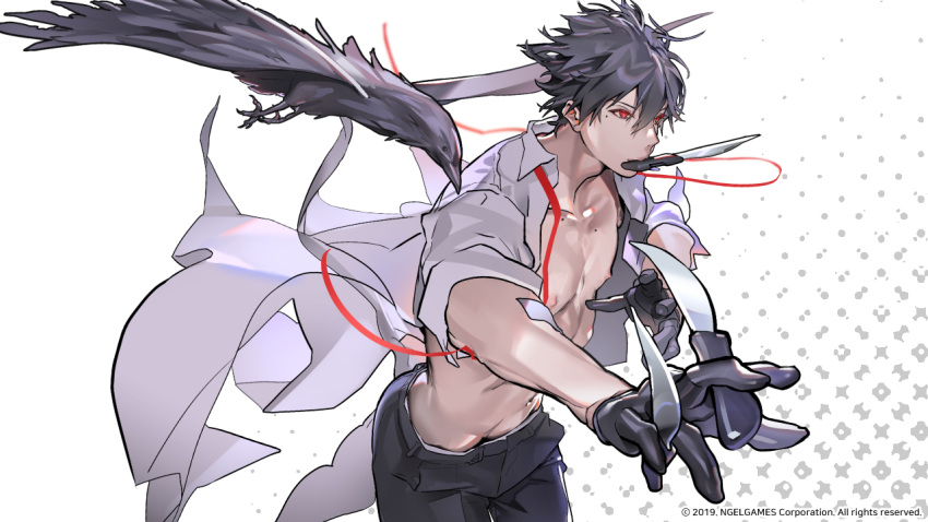 1boy bird black_gloves black_hair black_pants claude_fermat crow gloves hero_cantare holding holding_knife knife knife_in_mouth leenim lord_of_dice male_focus navel nipples official_art open_clothes open_shirt pants red_eyes ribbon shirt short_hair solo toned toned_male white_shirt