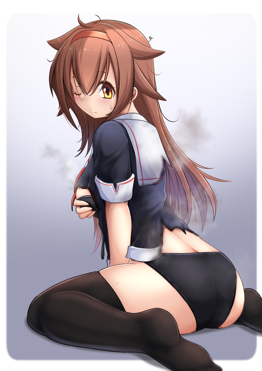 1girl absurdres black_bra black_legwear black_panties black_serafuku black_shirt bra breasts brown_eyes brown_hair hairband highres kantai_collection long_hair medium_breasts one_eye_closed orange_hairband panties remodel_(kantai_collection) school_uniform selvalanch serafuku shiratsuyu_(kancolle) shirt short_sleeves sitting solo thigh-highs torn_clothes torn_shirt underwear wariza