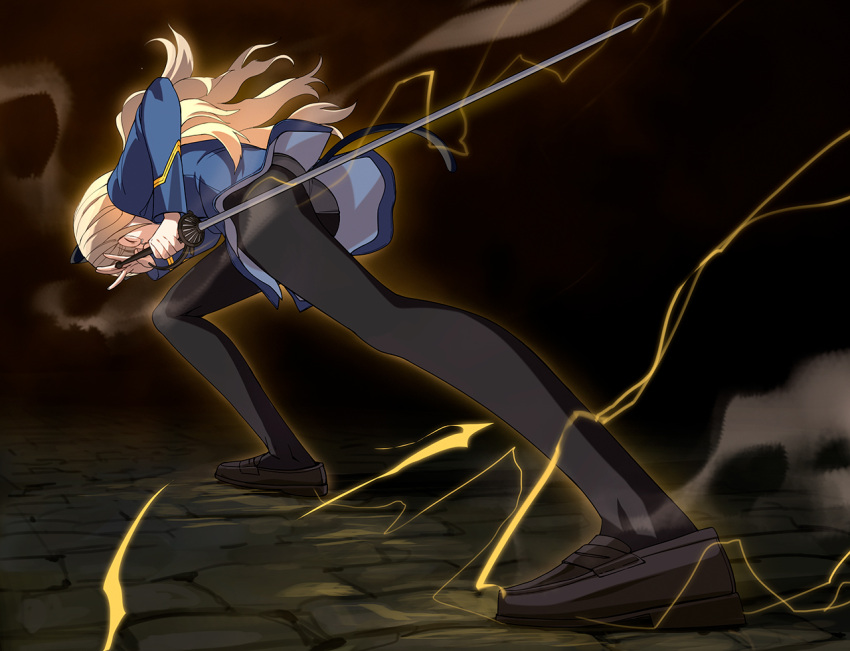 1girl a1 animal_ears ass black_footwear black_legwear blonde_hair closed_mouth commentary_request electricity glasses holding holding_sword holding_weapon long_hair long_sleeves panties panties_under_pantyhose pantyhose perrine_h._clostermann shoes solo standing strike_witches sword underwear weapon white_panties world_witches_series