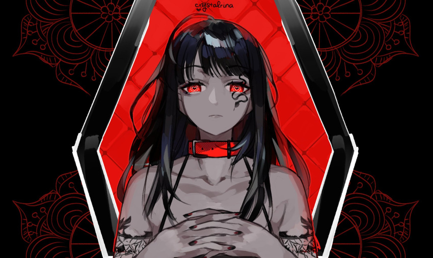 1girl artist_name black_hair black_nails closed_mouth coffin collar collarbone eye_(vocaloid) hands_clasped hands_over_breasts highres interlocked_fingers limited_palette long_hair own_hands_together red_collar red_eyes red_theme rina_(crystalrina) solo tattoo vocaloid