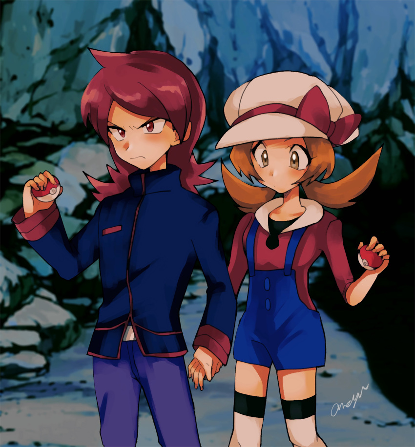 1boy 1girl absurdres amayu_(amaamailust) blue_jacket blue_overalls bow brown_eyes brown_hair cabbie_hat closed_mouth commentary_request frown hat hat_bow highres holding holding_hands holding_poke_ball jacket long_hair lyra_(pokemon) pants poke_ball poke_ball_(basic) pokemon pokemon_(game) pokemon_hgss purple_pants red_bow red_eyes red_shirt redhead shirt signature silver_(pokemon) standing thigh-highs twintails white_headwear white_legwear
