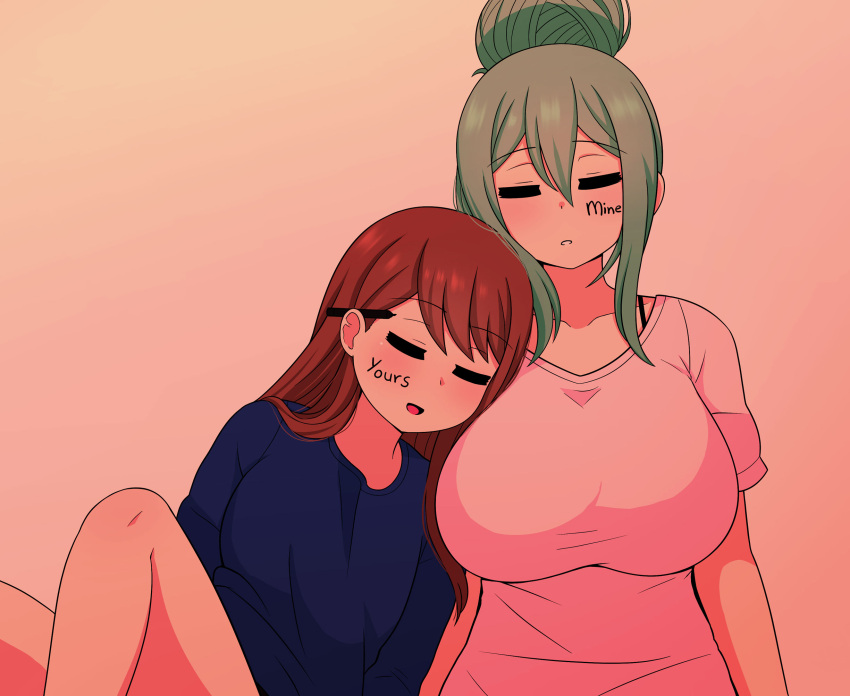 1girl asami_(the_only_shoe) body_writing bra_strap breasts brown_hair closed_eyes eyebrows_visible_through_hair green_hair hair_bun highres huge_breasts long_sleeves marker original rezu_(the_only_shoe) shirt simple_background sleeping small_breasts symbol-only_commentary t-shirt yuri
