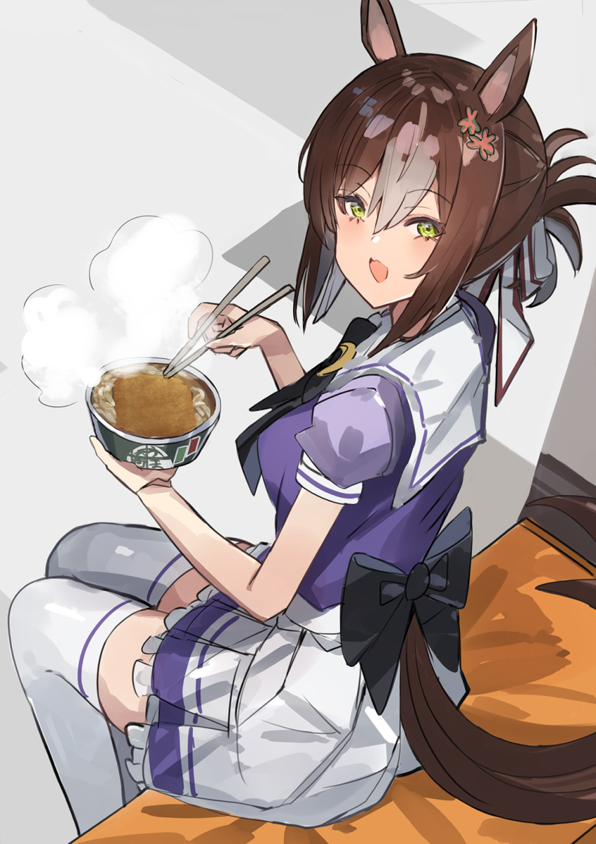 1girl animal_ears brown_hair chopsticks eyebrows_visible_through_hair fang fine_motion_(umamusume) folded_ponytail food from_behind green_eyes highres holding holding_food horse_ears horse_girl horse_tail katsu_(food) katsudon_(food) looking_at_viewer looking_back multicolored_hair open_mouth pleated_skirt school_uniform sitting skin_fang skirt solo streaked_hair tail the_olphy thigh-highs tracen_school_uniform umamusume white_legwear white_skirt