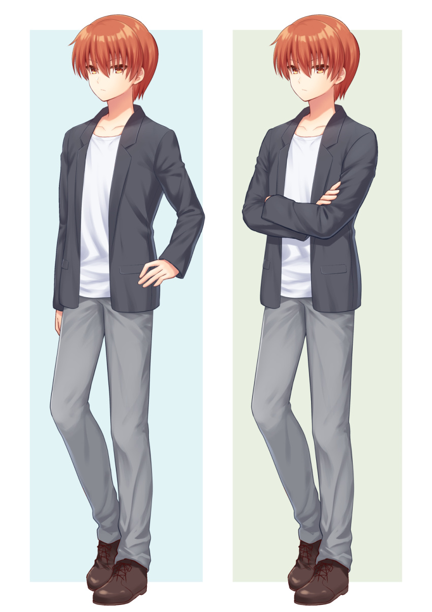 1boy angel_beats! bangs black_jacket brown_eyes brown_footwear brown_hair commission crossed_arms eyebrows_visible_through_hair grey_pants hair_between_eyes hand_on_hip highres jacket male_focus multiple_views nakamura_hinato open_clothes open_jacket otonashi_(angel_beats!) pants shirt shoes skeb_commission standing v-shaped_eyebrows white_shirt