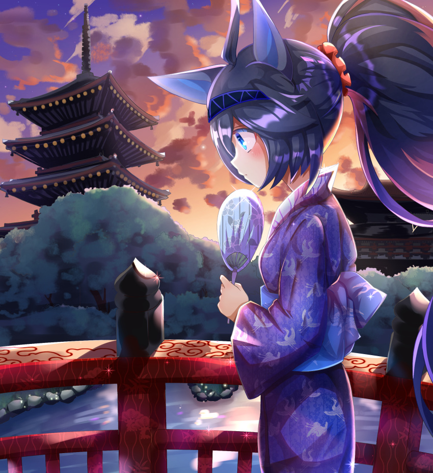 1girl absurdres alternate_costume animal_ears black_hair blue_eyes bridge cat_ears cat_girl clouds evening from_side hand_fan high_ponytail highres holding holding_fan japanese_clothes kasli_(nyanko_daisensou) kimono long_hair long_sleeves nekopurin_(nyanko_prin) nyanko_daisensou orange_sky outdoors paper_fan purple_kimono sky standing uchiwa yukata