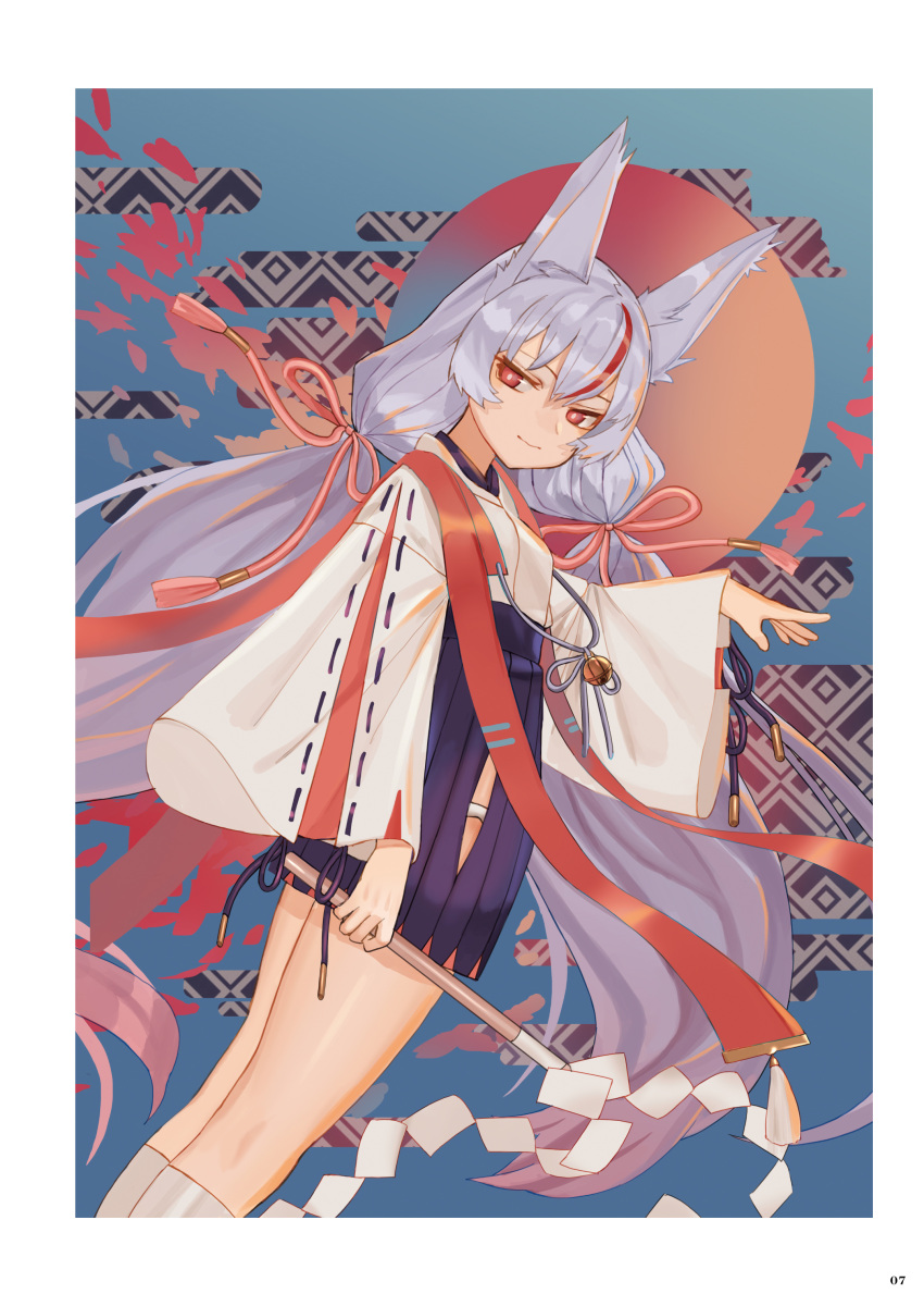 1girl absurdres animal_ears azur_lane border closed_mouth dutch_angle feet_out_of_frame fox_ears gohei gradient_hair grey_hair grey_legwear hair_ribbon hakama hakama_short_skirt hakama_skirt hand_up high-waist_skirt highres holding japanese_clothes kamikaze_(azur_lane) long_hair long_sleeves looking_at_viewer low_twintails luicent multicolored_hair red_eyes red_ribbon ribbon skirt smile socks solo streaked_hair twintails very_long_hair white_border wide_sleeves