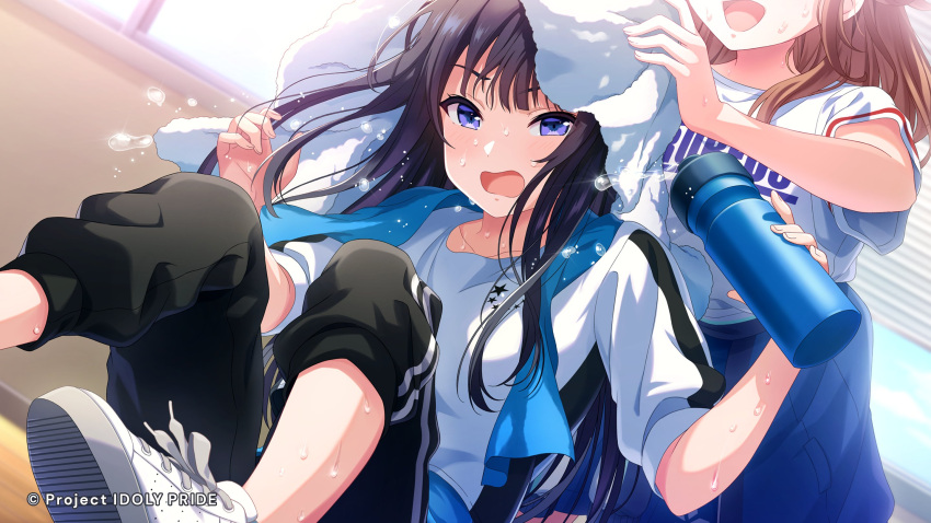2girls bangs black_hair bottle brown_hair cygames drink eyebrows_visible_through_hair flying_sweatdrops gym_uniform highres holding holding_drink idoly_pride knees_up messy_hair multiple_girls official_art open_mouth pants shirt shoes sweat sweatpants t-shirt towel towel_on_head violet_eyes water water_bottle wet