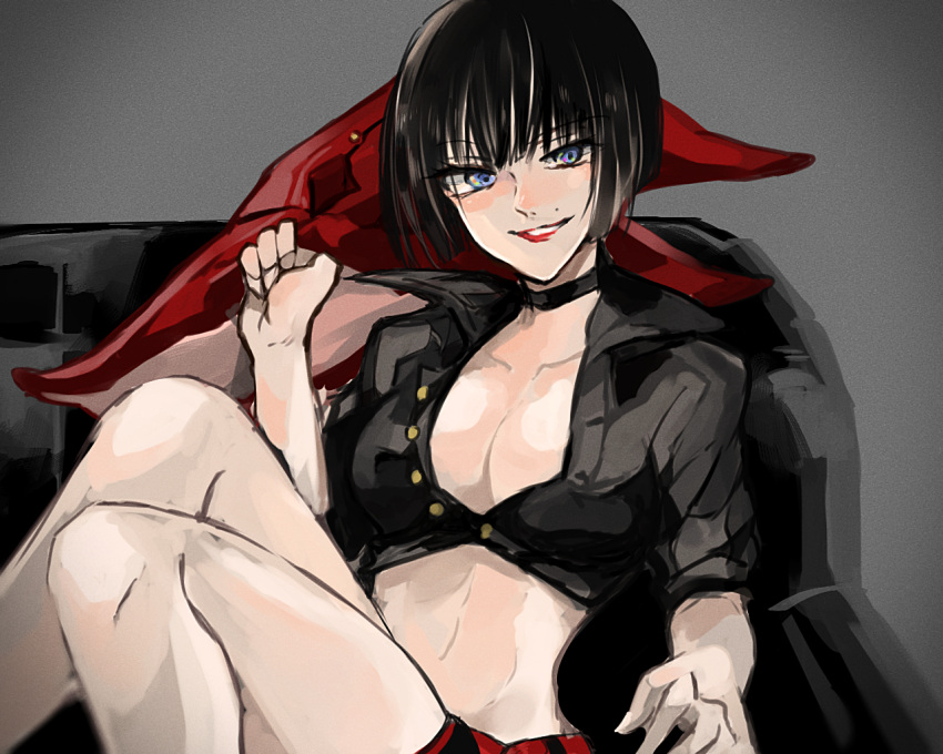 1girl 31moji bangs black_hair blue_eyes guilty_gear guilty_gear_strive hat hat_removed headwear_removed i-no red_lips short_hair smile very_short_hair