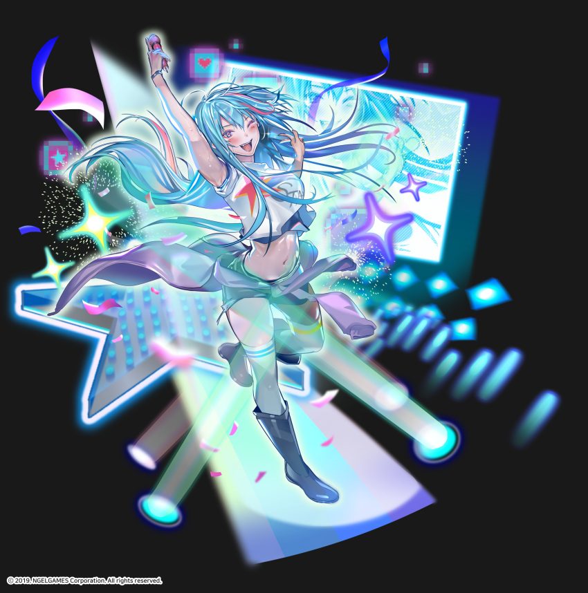 1girl absurdres audience blue_hair boots breasts clothes_around_waist concert cropped_shirt fang fang_out glowstick hero_cantare highres holding holding_microphone idol jacket jacket_around_waist leenim long_hair microphone multicolored_hair navel official_art one_eye_closed open_mouth pink_hair rockcrawler shirt short_shorts shorts smile socks socks_over_thighhighs solo sparks stage stage_lights stomach sweat teeth v very_long_hair white_shirt wristband
