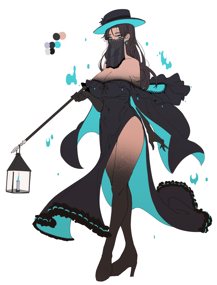 1girl absurdres at2. black_dress black_gloves blue_eyes breasts brown_hair candle collarbone commentary covered_mouth covered_navel dark-skinned_female dark_skin dress earrings elbow_gloves english_commentary fire frilled_dress frills full_body gloves hat high_heels highres holding holding_polearm holding_spear holding_weapon jewelry la_serena_de_la_noche_(merryweather) lace-trimmed_dress lace-trimmed_veil lace_trim lamp large_breasts long_hair merryweather mouth_veil original polearm simple_background solo spear standing strap weapon white_background