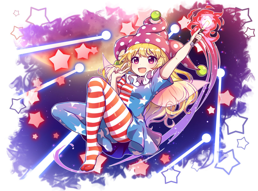 1girl american_flag_dress american_flag_legwear blonde_hair caramell0501 clownpiece danmaku eyebrows_visible_through_hair fairy_wings hair_between_eyes hat highres holding holding_torch jester_cap long_hair moon neck_ruff open_mouth pantyhose polka_dot solo star_(symbol) torch touhou v violet_eyes wings